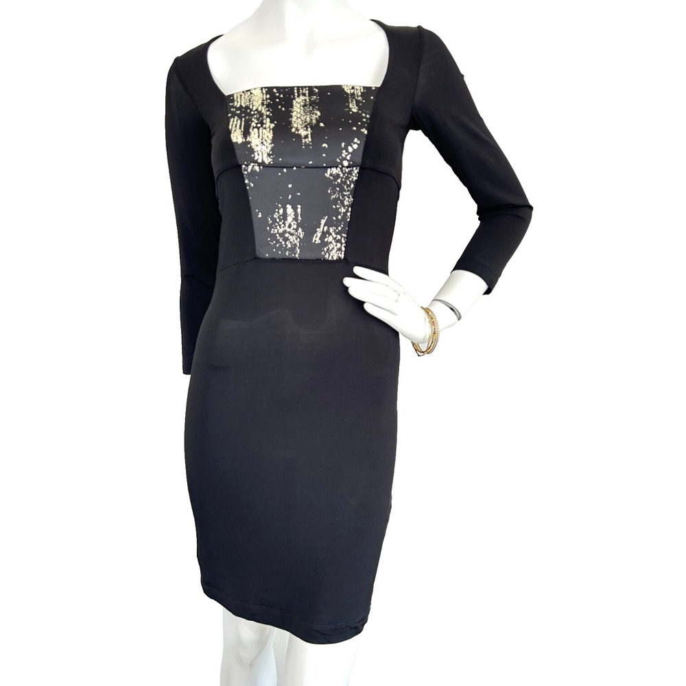 Just Cavalli Metallic Gold Foil Logo Abstract Print Bodycon Dress Black Mini XS